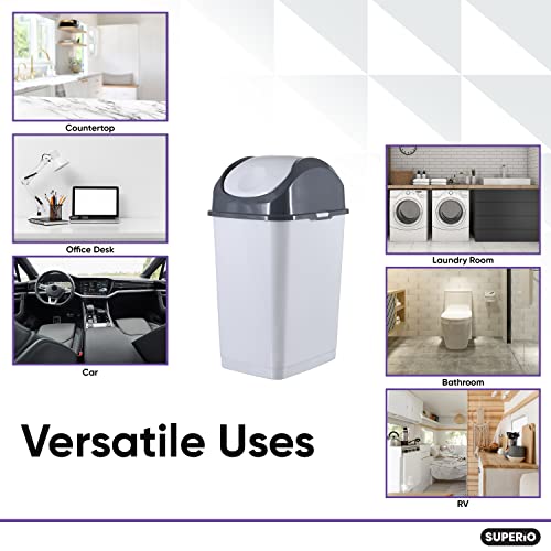 Superio 1.25 Gal Mini Plastic Trash Can with Swing Top Lid, Small Grey Waste Bin for Countertop, Desk, Vanity, Bathroom 5 Quart (WhiteSmoke/Grey) - size: 1.25 Gallon, style: 1 Pack