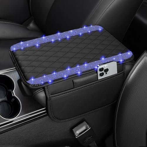 NBTEPEM Bling Car Center Console Cover, Leather Car Arm Rest Cover Cushion with 2 Storage Bags, Universal Automotive Armrest Protector Storage Box, Bling Accessories Interior for Most Vehicles (Blue) - color: Blue Diamond