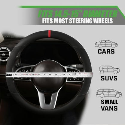 Suede Steering Wheel Cover with Upgraded Silicone Inner Ring, Anti Heat, Breathable, Anti-Slip, Leather Universal 14.5 to 15 inch Steering Wheel Cover (Partial Genuine Leather) - style: Partial Genuine Leather