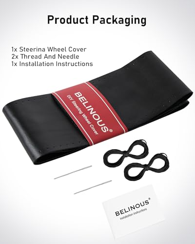 BELINOUS Leather Steering Wheel Cover Lace Up, Stitch on Steering Wheel Wrap, Universal Fit 13-20 Inch Car Truck Pickup Boat, A Whole Piece of Cowhide, DIY w/Needle Thread (Size S0, Black) - color: Black, size: S0
