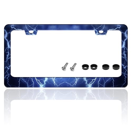Blue Lightning License Plate Frame Funny Thunder License Plate Holder for Front or Rear Car Tags Reusable Durable Stainless Steel Car Decoration with Screws 6.3 X 12.2 Inch for Men Women - color: Blue Lightning