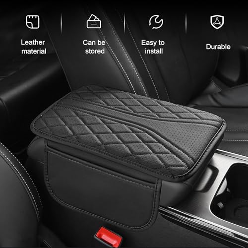 Car Center Console Cover, Leather Automotive Armrest Cushion with 2 Storage Bags, Breathable Armrest Cover, Universal Waterproof Arm Rest Protection Pad for SUV, Sedan, Truck (Black) - color: Black