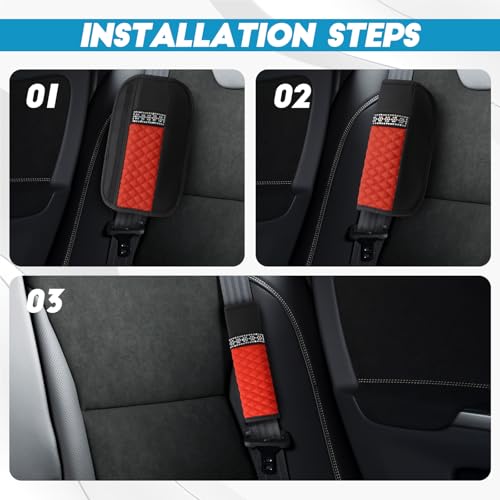wuyaoyao 2PCS Bling Car Seat Belt Cover Pad, Breathable Leather Seatbelt Covers for Cars, Soft Comfortable Seatbelt Shoulder Strap Covers, Rhinestone Auto Seat Belt Protector Cushion (Red) - color: Red