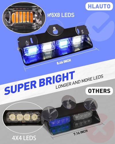HLauto 2002L Emergency Dash Strobe Lights: Blue White Safety Lights, Flashing Warning Hazard Windshield Visor Traffic Light Bars for Trucks, Construction Vehicles (2x8.5 inch, 48LED) - color: Blue/White