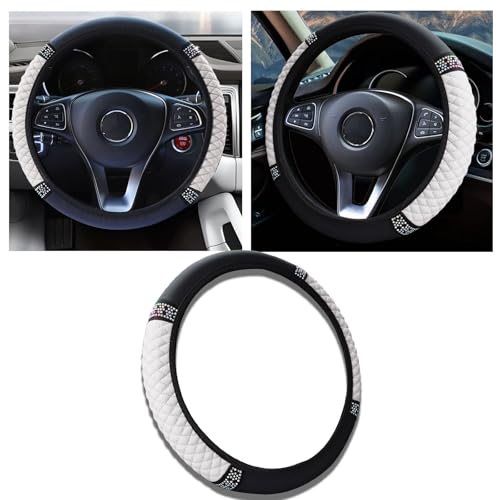 Bling Car Steering Wheel Cover, 15 Inch Anti-Slip Wheel Protector for Women Girls, Soft Leather Elastic Steering Wheel Protector, Car Interior Accessories for Most Cars (White) - color: White