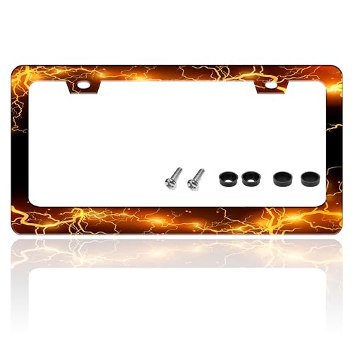 Yellow Red Thunder and Lightning License Plate Frame Fantasy Landscape License Plate Holder for Front and Rear Car Tags Stainless Steel Car Funny Decoration with Screws 6.3 X 12.2 Inch for Men Women - color: Yellow Red Thunder And Lightning