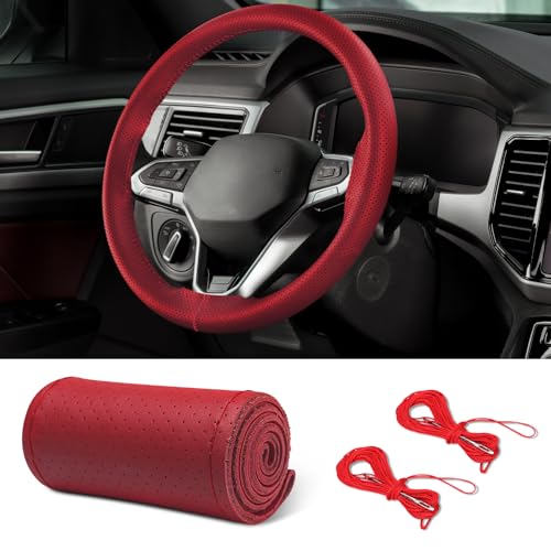 Leather Steering Wheel Cover Lace Up, Car Wheel Cover, Universal Car Steering Wheel Protector, 15 inch, Red, Hole - color: Red, size: 15 inch - Hole
