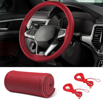 Leather Steering Wheel Cover Lace Up, Car Wheel Cover, Universal Car Steering Wheel Protector, 15 inch, Red, Hole - color: Red, size: 15 inch - Hole