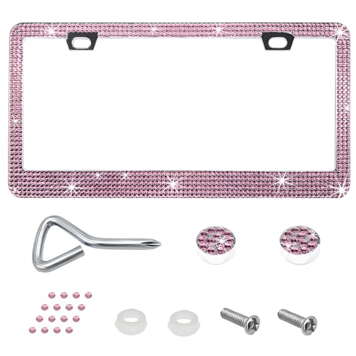 Bling License Plate Frame, Sparkly Rhinestone Car Tag Cover with Glitter Crystal Caps, Stainless Obstruction-Free Licence Plate Holder for Women Girls, Universal Car Accessories (Light Pink) - color: Light Pink
