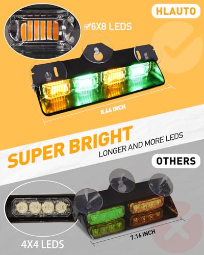 HLauto 2002L Emergency Dash Strobe Lights: Amber Green Safety Lights, Flashing Warning Hazard Windshield Visor Traffic Light Bars for Trucks, Construction Vehicles (2x8.5 inch, 48LED) - color: Amber/Green