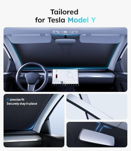 Wigoo Tesla New Model Y Accessories Windshield Sunshade [OEM Design, 100% Sun Blockage] Foldable Heat Insulation Sunshade with Storage Bag, for Model Y 2020~2026 (Juniper), Silver Coating - size: 1. Model Y (2016-2026)