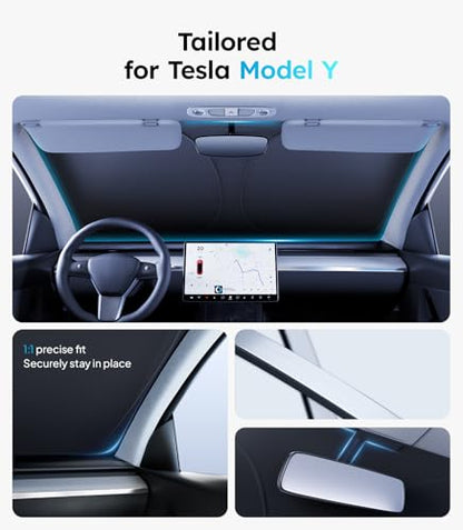 Wigoo Tesla New Model Y Accessories Windshield Sunshade [OEM Design, 100% Sun Blockage] Foldable Heat Insulation Sunshade with Storage Bag, for Model Y 2020~2026 (Juniper), Silver Coating - size: 1. Model Y (2016-2026)