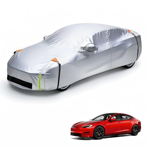 Wigoo Tesla Model S Car Cover Accessories 2012-2026, Custom Fit Waterproof All Weather Outdoor Full Car Cover, Windproof UV Rain Snow Dust Protection, Door Zipper, Charging Port, Ventilated Mesh - size: for Model S (2012-2026)