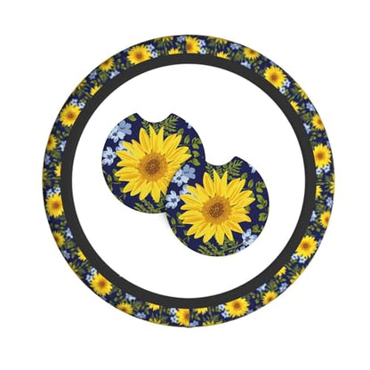 Sunflower Steering Wheel Cover with 2 Car Coasters Non Slip Neoprene for Women Men Universal 15 Inch - color: Sunflower