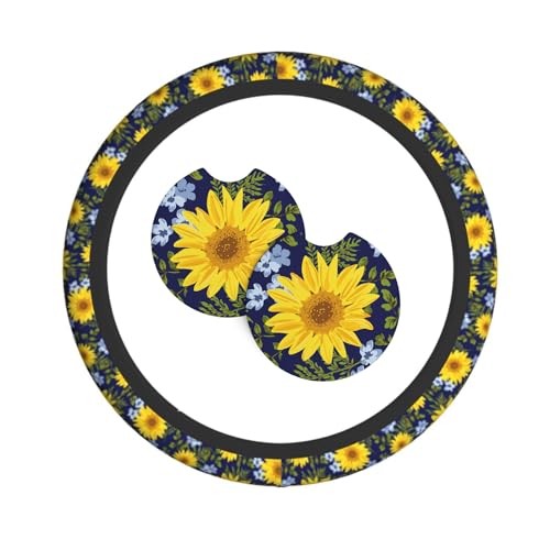 Sunflower Steering Wheel Cover with 2 Car Coasters Non Slip Neoprene for Women Men Universal 15 Inch - color: Sunflower