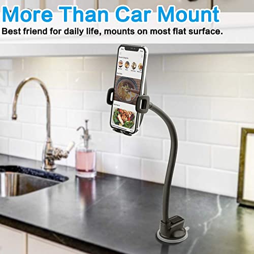 1Zero Solid Car Truck Phone Mount Holder with 14-Inch Gooseneck Long Arm, Windshield Window Mobile Holders w/Industrial-Strength Suction Cup, Anti-Shake Stabilizer Compatible All Cell Phones iPhone - color: Black Mirror Surface with Silver Ring