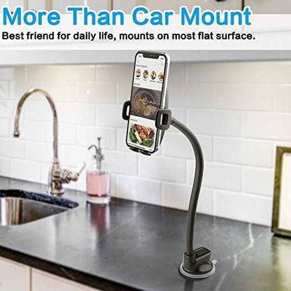 1Zero Solid Car Truck Phone Mount Holder with 14-Inch Gooseneck Long Arm, Windshield Window Mobile Holders w/Industrial-Strength Suction Cup, Anti-Shake Stabilizer Compatible All Cell Phones iPhone - color: Black Mirror Surface with Silver Ring