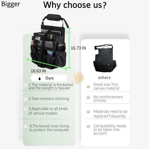 Front & Seat back organizer with dedicated tablet and 15.6 IN laptop storage stabilizers external stabilizing side straps soft adjustable shoulder straps hardened buckle (Black) - color: Black