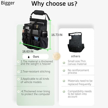 Front & Seat back organizer with dedicated tablet and 15.6 IN laptop storage stabilizers external stabilizing side straps soft adjustable shoulder straps hardened buckle (Black) - color: Black