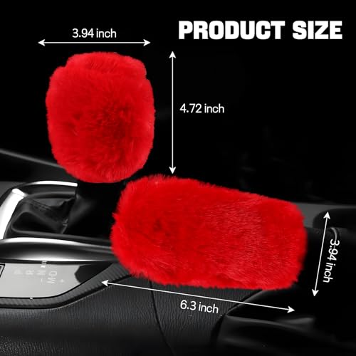 Hovom 2PCS Fluffy Car Gear Shift Knob Cover & Handbrake Cover, Soft Plush Hand Brake Handle & Gear Shift Cover for Women Girls, Universal Comfortable Warm Furry Car Accessories (Red) - color: Red