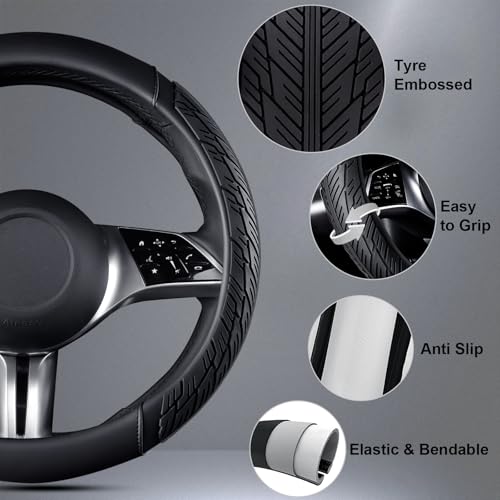 CAR PASS Leather Rubber Steering Wheel Cover 14 1/2” -15”,Tire Tread Pattern Design,Non-Slip Wear-Resistant, Heavy Duty Deep-Dish Car Floor Mats, Trim-to-Fit Car Mat,Fit for Steering Wheel Black - color: All Black Combo Sets 38