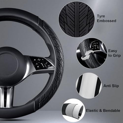 CAR PASS Leather Rubber Steering Wheel Cover 14 1/2” -15”,Tire Tread Pattern Design,Non-Slip Wear-Resistant, Heavy Duty Deep-Dish Car Floor Mats, Trim-to-Fit Car Mat,Fit for Steering Wheel Black - color: All Black Combo Sets 38