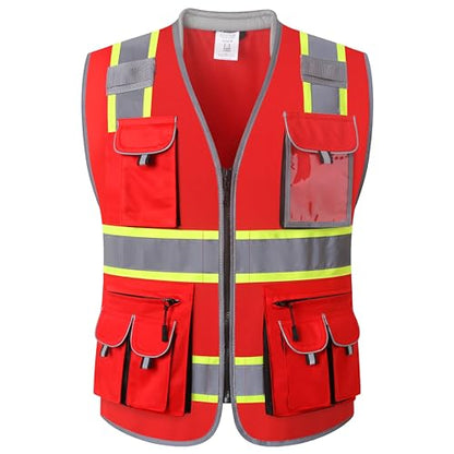 JKSafety 10 Pockets Hi-Vis Zipper Front Fluorescent Red Safety Vest | Cushioned Collar | High Reflective Tapes with Extended Neon Yellow Strips | Meets ANSI/ISEA Standards (Medium, 89-Red) - color: Redt1s1, size: Medium