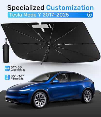 Zanch Upgrade Windshield Sun Shade, Custom Fit for Tesla Mode Y 2017-2026 [Titanium-Silver Reflective Coating] Blocks 99% UV & Heat, Sunshade Umbrella for Model Y 2017 ... 2024 2025 2026 - size: For Tesla Model Y (2017-2026)