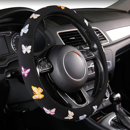 Embroidery Cute Steering Wheel Cover Stitched Butterfly Girly,Sweat Absorption,Universal 15 inch - color: Black