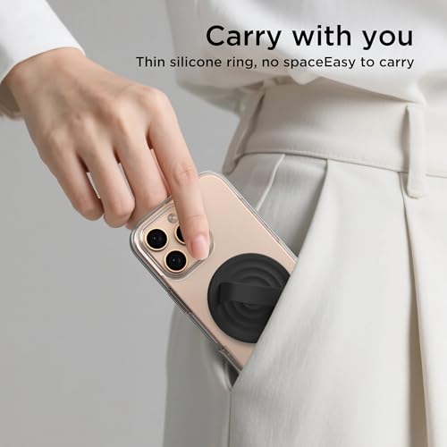 Magnetic Phone Grip Ring Holder, Liquid Silicone Magnet Cell Phone Grip Finger Loop, Compatible with Magsafe, Back of Phone for iPhone 17/16/15/14/13/12 Series, Black - color: Black