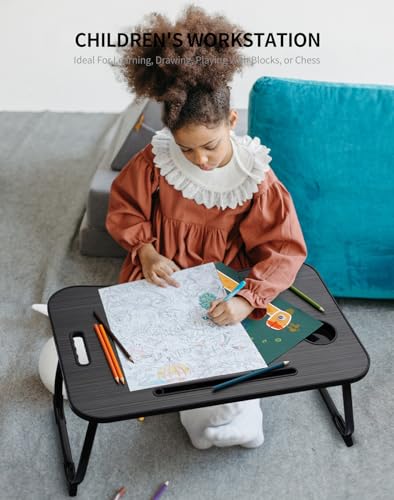ZEAPTAC Laptop Bed Desk, Foldable Lap Desk, Portable Lap Table, Laptop Stand with Cup Holder & Tablet Slot & Lifting Handle for Working Writing Drawing & Eating - Dark Black - color: Dark Black
