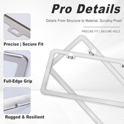 2 Pack Silver License Plate Frame, Metal License Plate Frame with 2-Hole, Universal Solid Stainless Steel Holder, Includes Screws for Men & Women - color: Silver