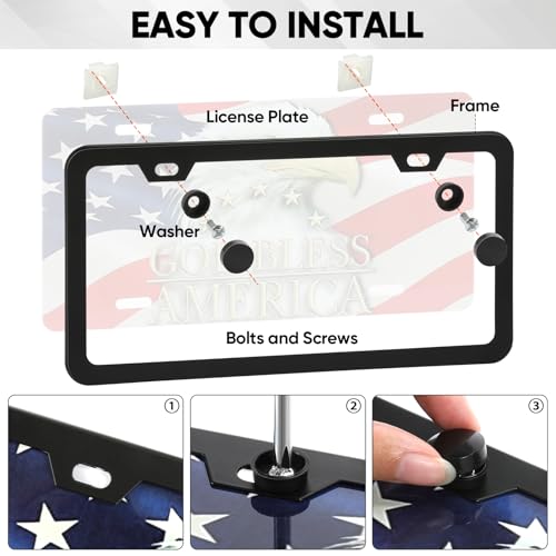 2 Pack License Plate Frames, 2 Holes Matte Black License Plate Frame,Aluminum License Plate Holder with Free Screws Fasteners Caps and Tool - color: Black-2 Holes
