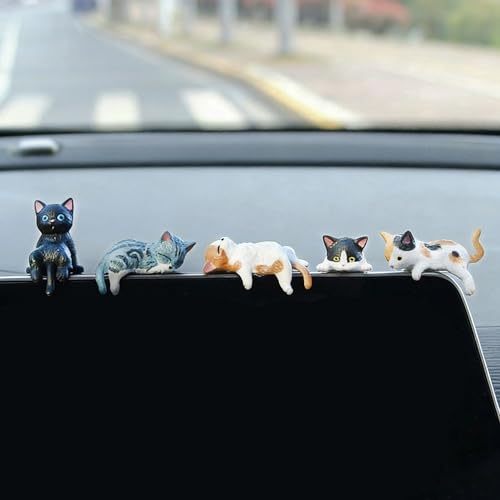 5 Pcs Cute Cat Car Interior Accessories Dashboard Decorations Funny Mini Resin Cat Figurines Rear View Mirror Ornament for Car Desk Decorations Decor Home Garden