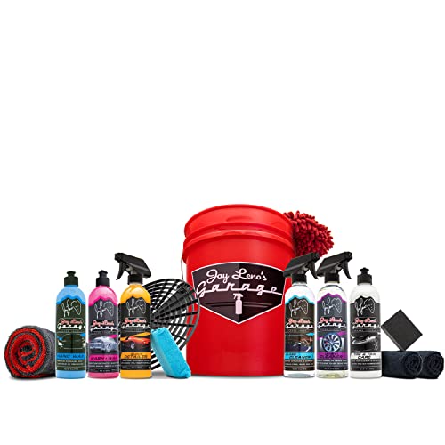Jay Leno's Garage Car Detailing Kit with Bucket – Essential Car Cleaning Kit, Sprays, Liquids, Microfiber Towels, Applicators and Wash Mitt, All-in-One Car Detailing Kits for Interior & Exterior Care - style: Essential Detailing