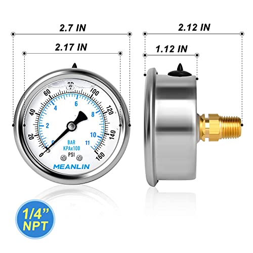 MEANLIN MEASURE 0~160Psi Stainless Steel 1/4" NPT 2.5" FACE DIAL Liquid Filled Pressure Gauge WOG Water Oil Air Center Back Mount, with 1/2" NPT and 3/8" NPT Hex Bushing - size: 0-160psi