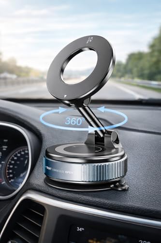 Magnetic Phone Car Mount with Suction Cup Base, 360° Rotation, Dashboard and Windshield Holder for iPhone and Android