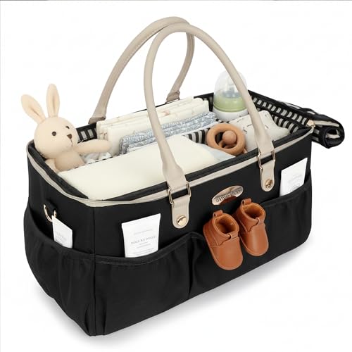 DOKUS & CO Luxe Diaper Caddy Organizer, Extra Large Collapsible Nursery Storage Tote for Baby Essentials & Travel - color: Black
