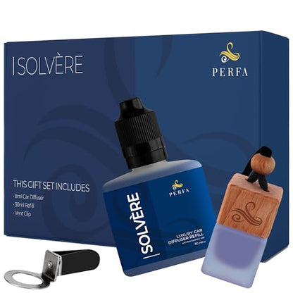 Solvère Gift Set with Refill Bottle | Automotive Air Fresheners with Solvère Fragrance | Strong Car Perfume | Odour Eliminating Car Air Fresheners by Perfa