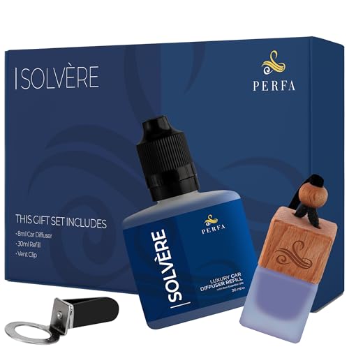 Solvère Gift Set with Refill Bottle | Automotive Air Fresheners with Solvère Fragrance | Strong Car Perfume | Odour Eliminating Car Air Fresheners by Perfa