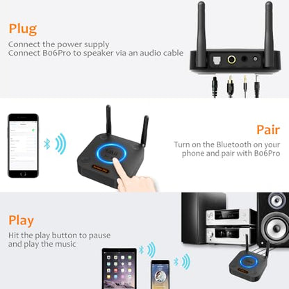 [Upgraded] 1Mii B06Pro Long Range Bluetooth Receiver, HiFi Wireless Audio Adapter, Bluetooth 5.3 Receiver with 3D Surround aptX HD Low Latency Optical RCA AUX 3.5mm Coaxial for Home Stereo System - color: B06Pro Black