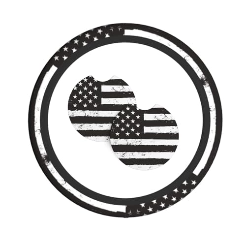 American Flag Steering Wheel Cover with 2 Car Coasters Non Slip Neoprene for Women Men Universal 15 Inch - color: American Flag