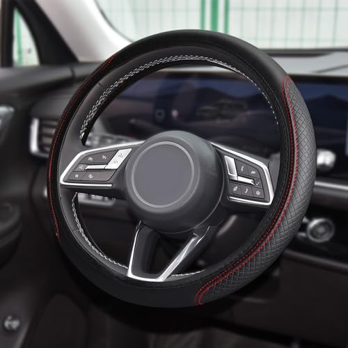 Car Steering Wheel Cover, Universal 14.5-15 Inch Black Leather Steering Wheel Wrap with Better Sport Grip for Men Women, Anti-Slip Breathable Car Interior Accessories for Most Vehicless (Black red2) - color: Black red2