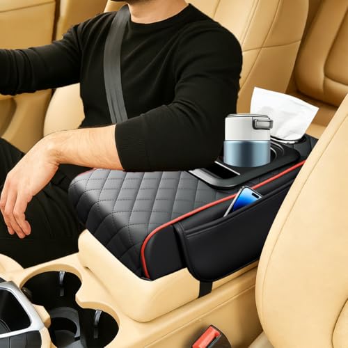 Car Center Console Armrest Box Mat, Nappa Leather Armrest Box Cover with Tissue Box, Cup Holder & Phone Holder, Middle Console Arm Rest Protection Pillow, Universal Fit (Black/Red) - color: Black/Red