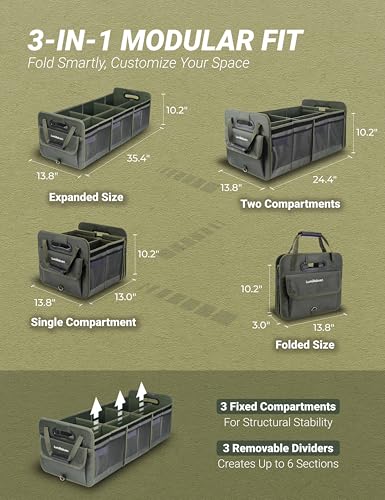 Heavy Duty Trunk Organizer with Lid for Car SUV-1680D Water-Resistant Fabric &3.5mm PP Skeleton,Collapsible Cargo Storage Box with No Sliding Metal Hooks,Fits Tesla,Truck,Sedan (XL Green - color: Moss Green