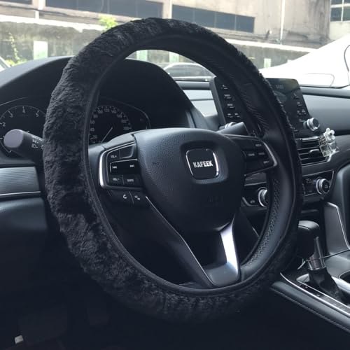 KAFEEK Elastic Long Microfiber Plush Steering Wheel Cover for Winter Warm, Universal 15 inch, Anti-Slip, Odorless, Black - color: Black