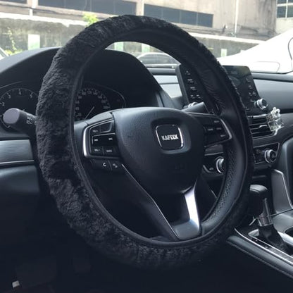 KAFEEK Elastic Long Microfiber Plush Steering Wheel Cover for Winter Warm, Universal 15 inch, Anti-Slip, Odorless, Black - color: Black