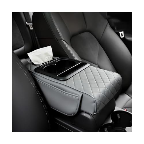 Car Center Console Armrest Box Mat, Nappa Leather Armrest Box Cover with Tissue Box, Cup Holder & Phone Holder, Middle Console Arm Rest Protection Pillow, Universal for Vehicles (Gray) - color: Gray