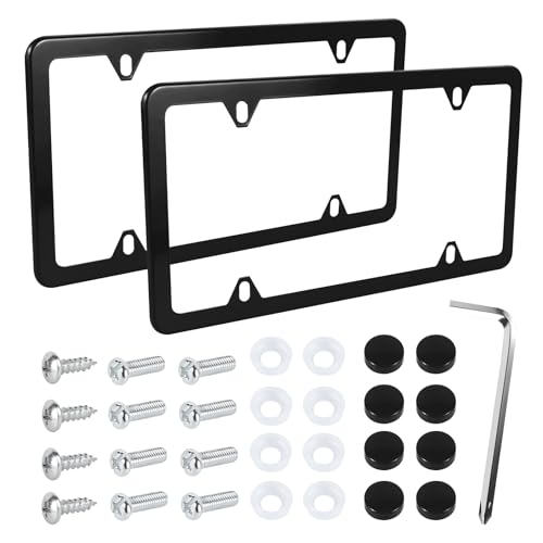 Wuyaoyao 2PCS Car License Plate Frames, 4 Holes Stainless Steel License Plate Frame, Slim License Plates Cover Holder with Screws Bolts Caps Washers, Universal Exterior Car Accessories (Black) - color: Black