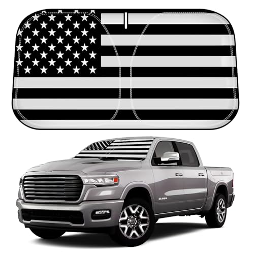 D-Lumina for 2019-2025 Dodge Ram 1500 Windshield Sun Shade, Front Window Sunshade American Flag Sun Visor Protector Block UV Rays Heat Fit Ram 1500 CrewCab, MegaCab Pickup, 2Dr RegularCab, 4Dr QuadCab - size: Silver & Black-Fit 2019-2025 Dodge Ram 1500